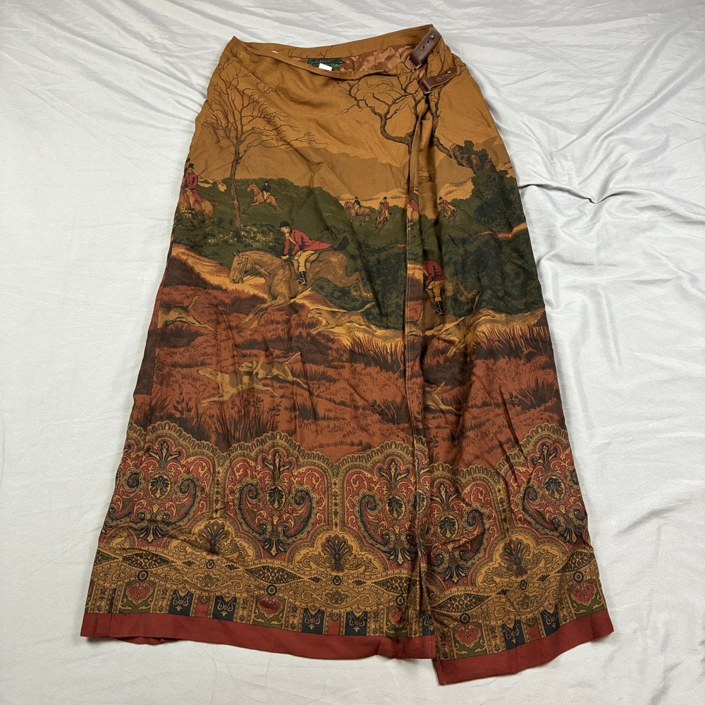 Lauren Ralph Lauren VTG Wrap Midi Skirt Fox Hunt Equestrian Rayon Wool Brown